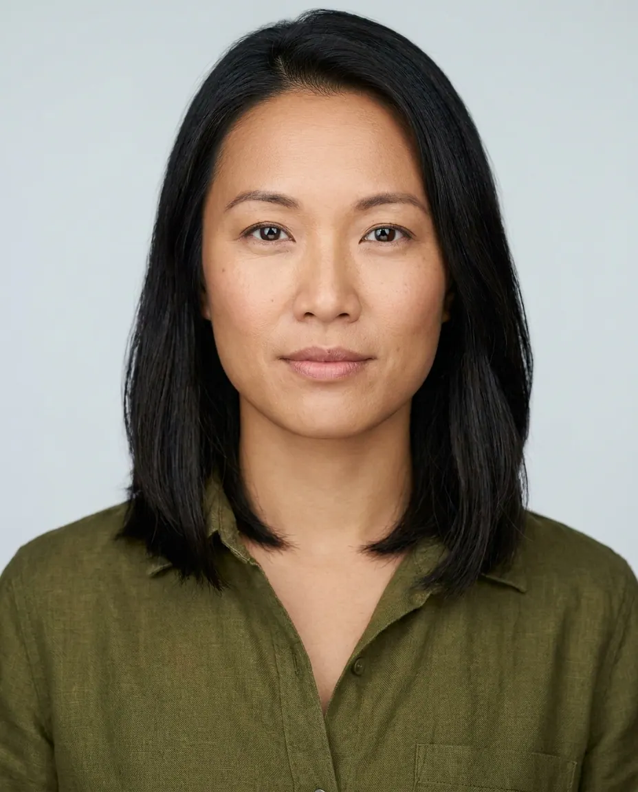Canin founder portrait, olive linen shirt, soft window light