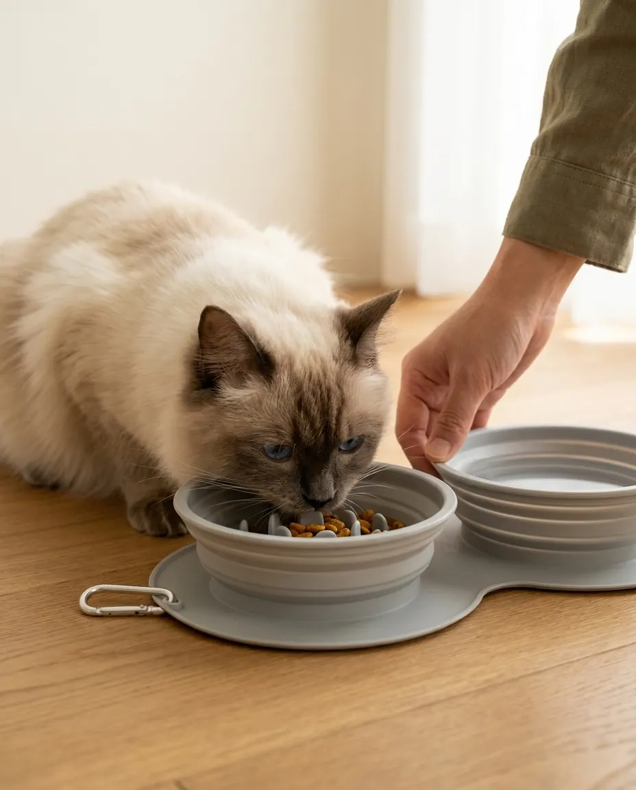 Ragdoll cat eating from Monchéri bowl