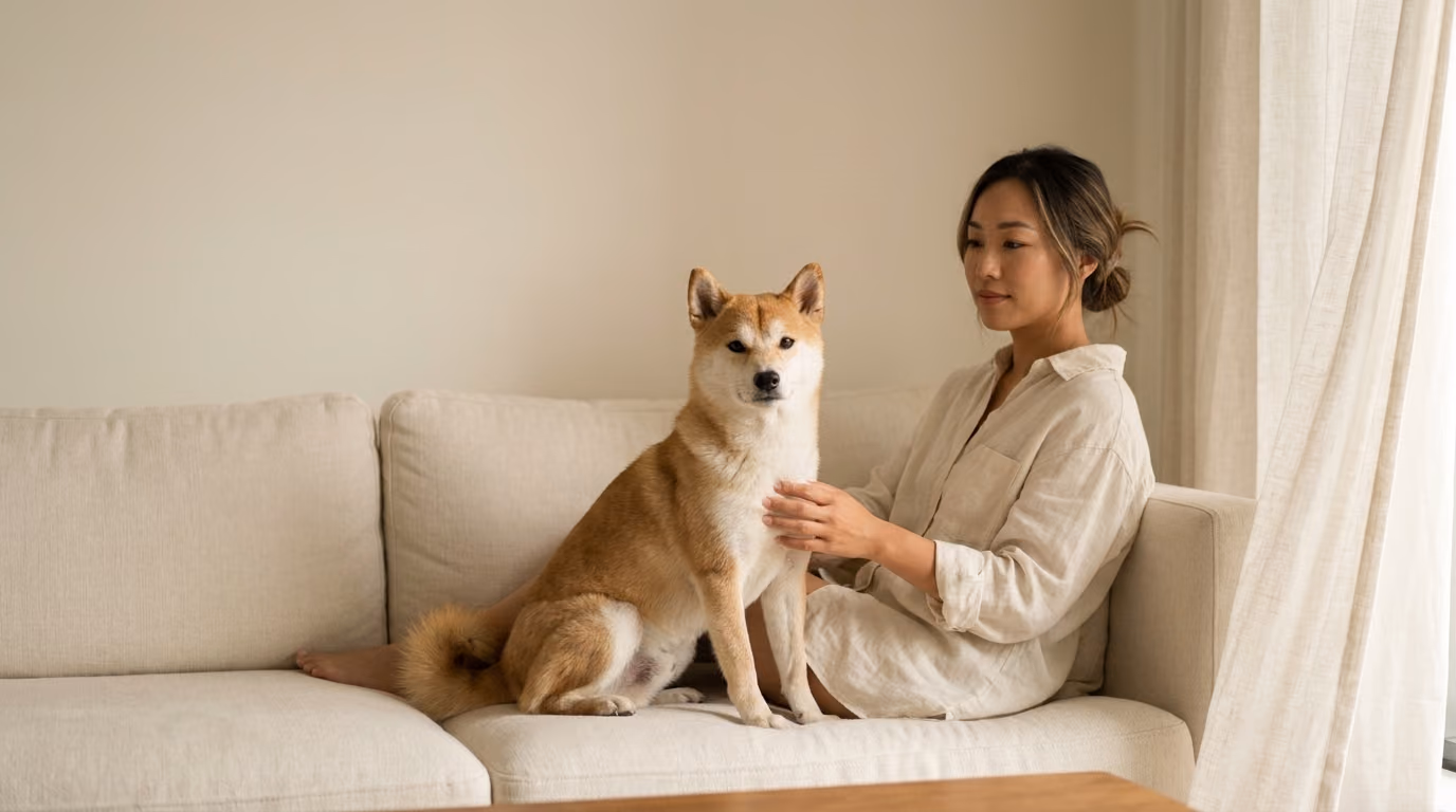 Customer reading on linen sofa with shiba across lap