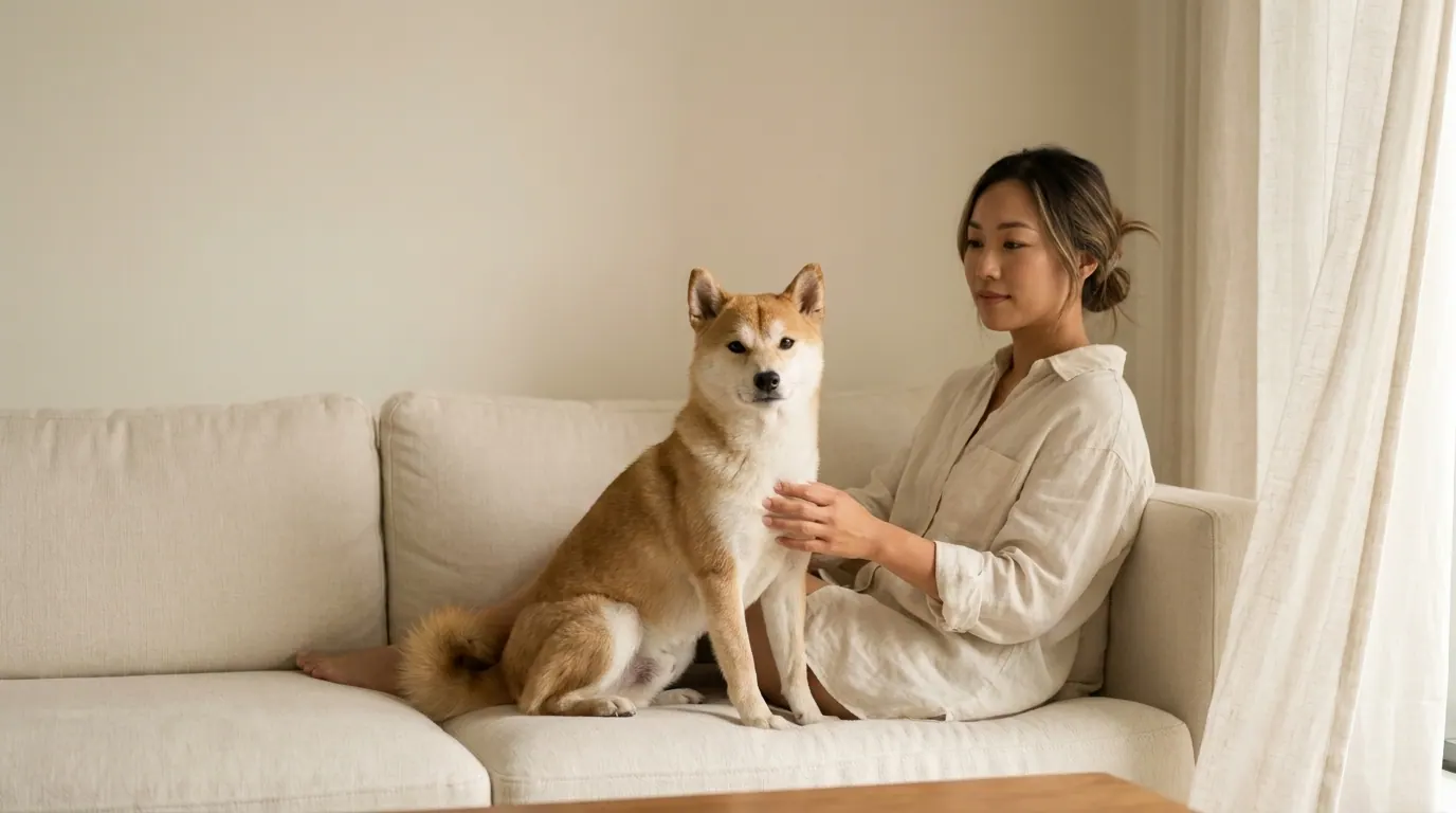 Customer reading on linen sofa with shiba across lap