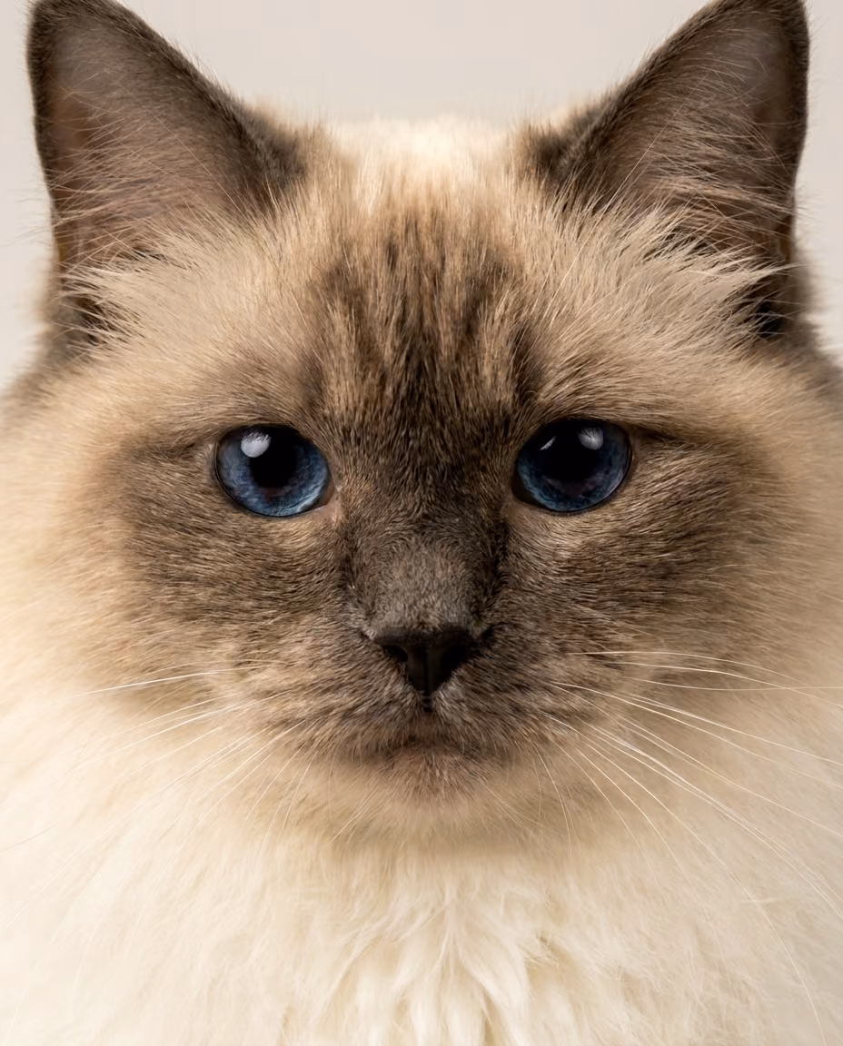 Editorial close-up portrait of a ragdoll cat, shallow depth of field