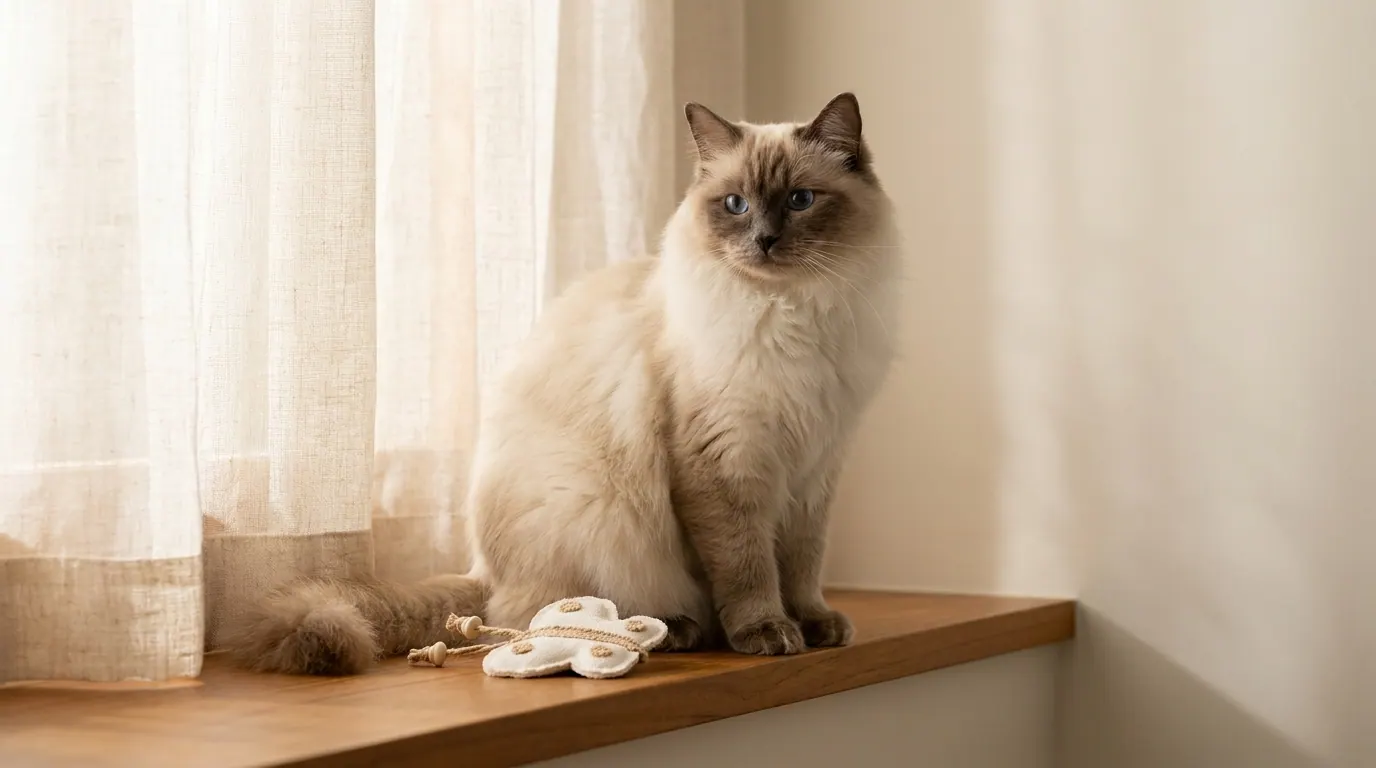 Ragdoll by window with butterfly toy