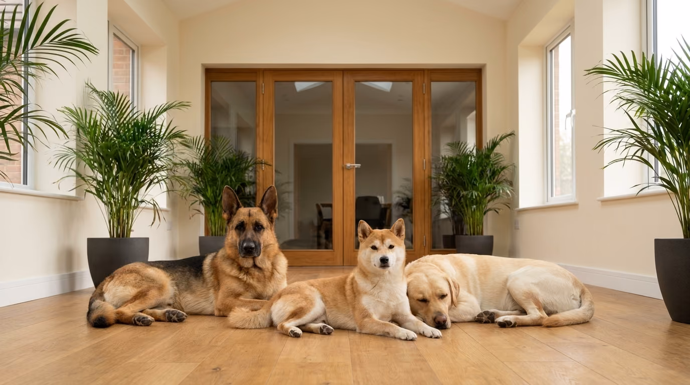 Three dogs in contemporary sunroom — dogs collection hero